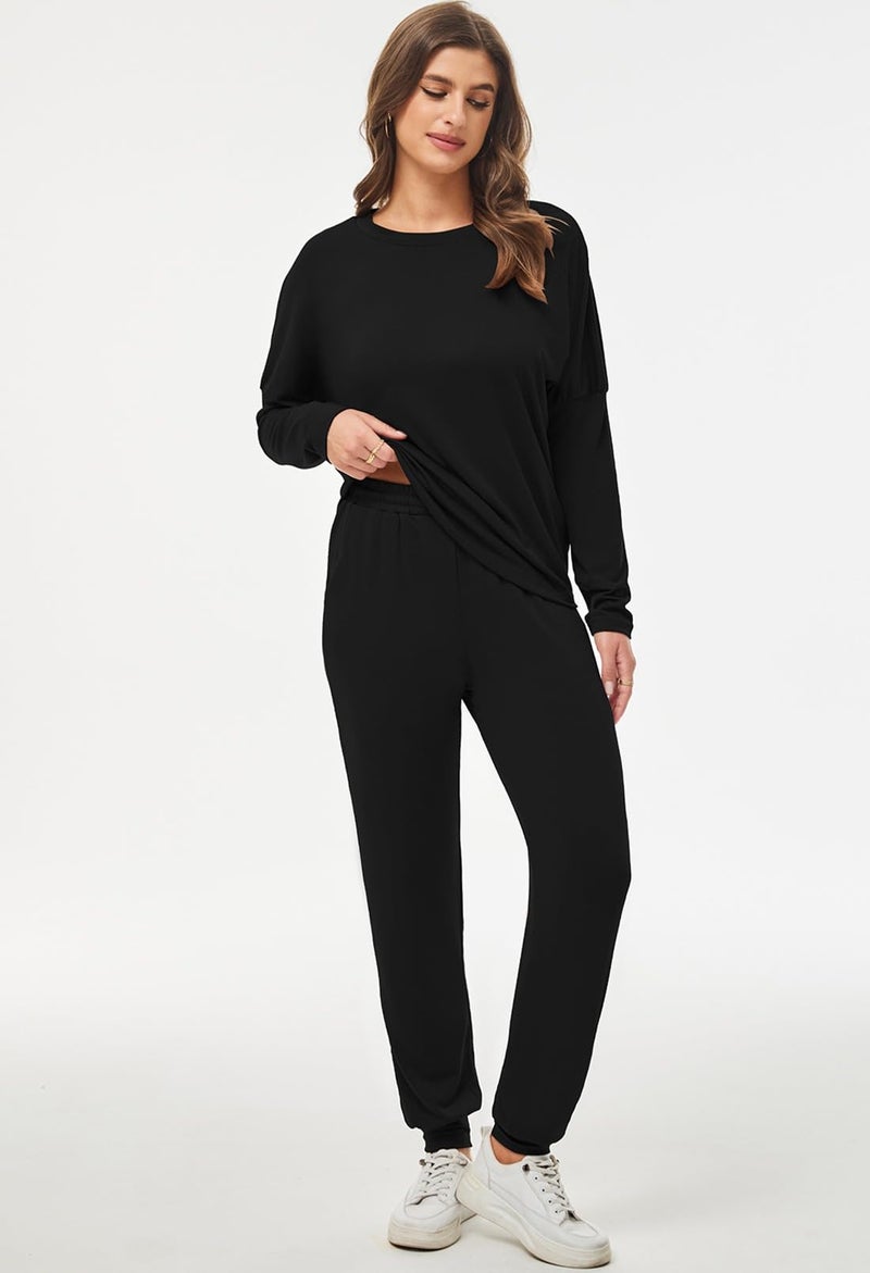 Fixmatti Womens 2 Piece Outfit Long Sleeve Shirt Casual Pant Set Tracksuit Athleisure Black M - Image 4